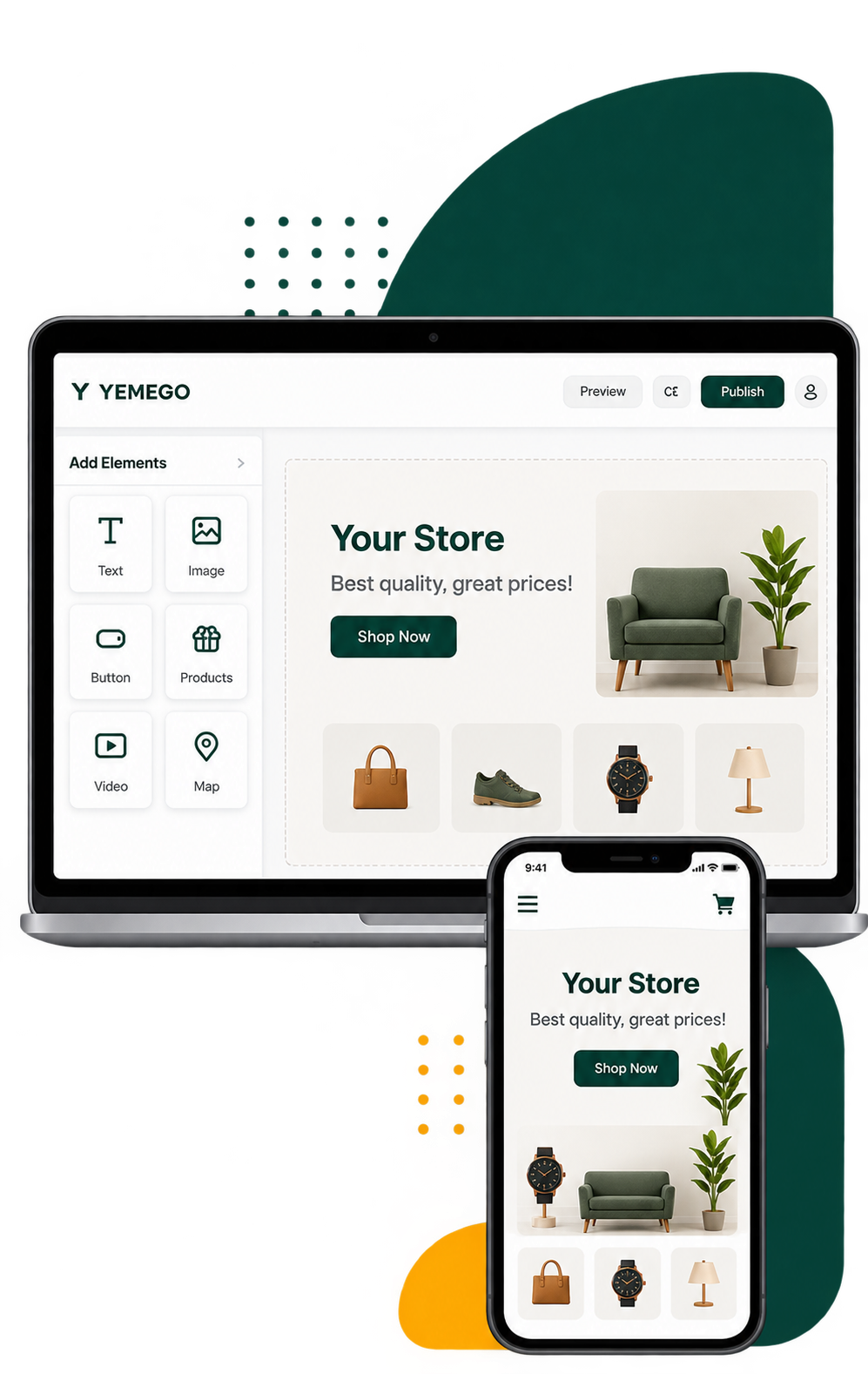Yemego website builder on laptop and phone